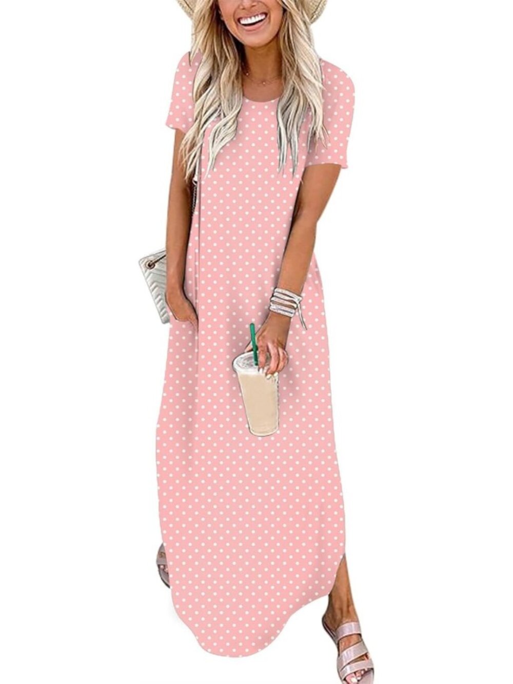 Women's Pink White Dot Summer Maxi Dress Short Sleeve Casual Split Long T Shirt